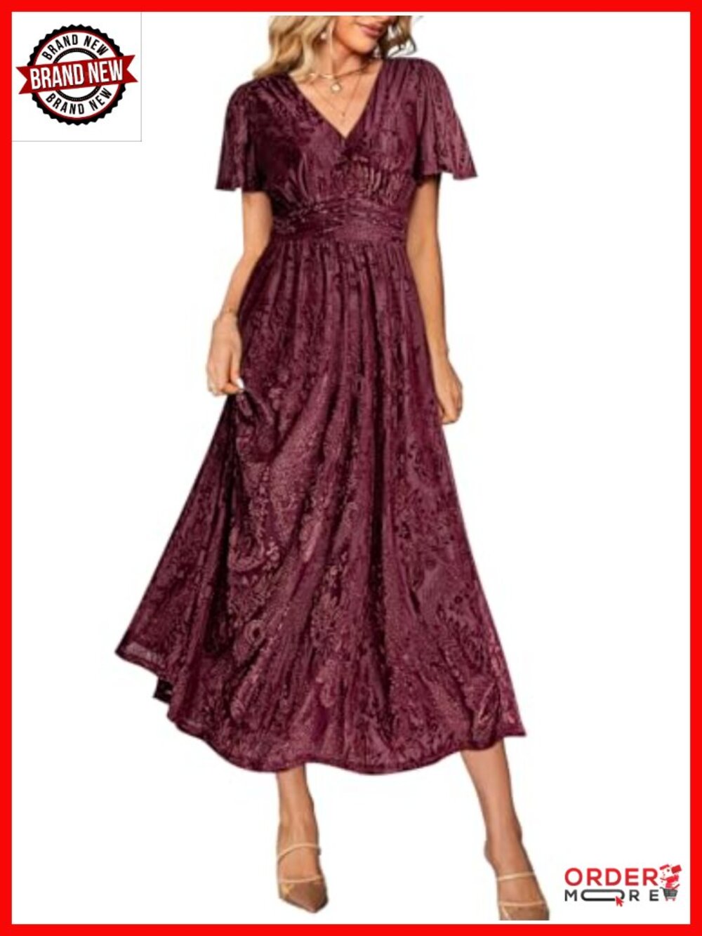 Women's Velvet Maxi Dress V Neck Empire Waist Short Flare Sleeve Formal A-Line